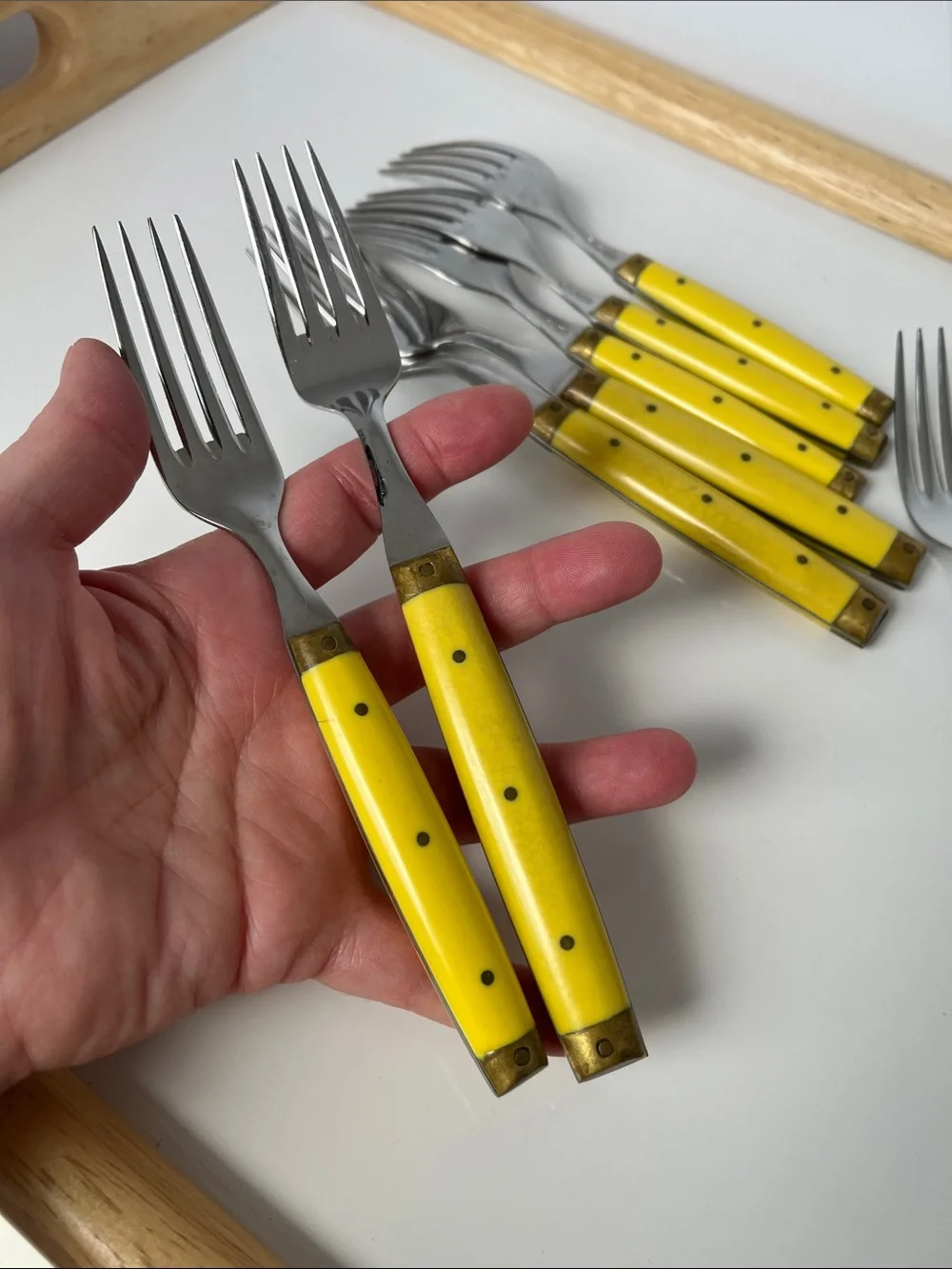 Vintage Bonniers France Yellow Handle Fork Set Brass Accent French Flatware